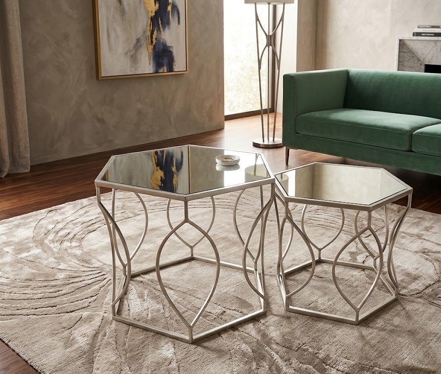 Avantis mirrored top side table with brushed silver metal frame for modern home decor in Lagos Nigeria luxury interior