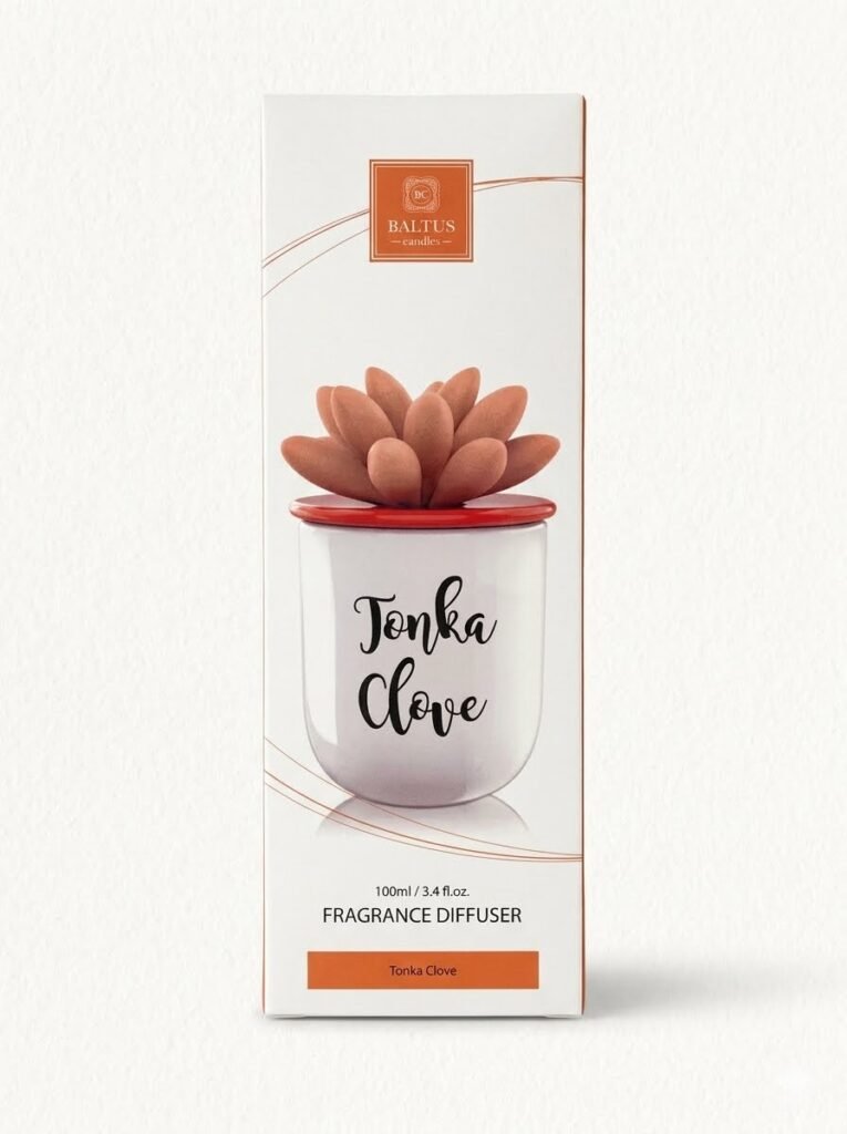 Tonka and clove reed diffuser 100ml in glass bottle with reeds for warm home fragrance décor in Lagos Nigeria