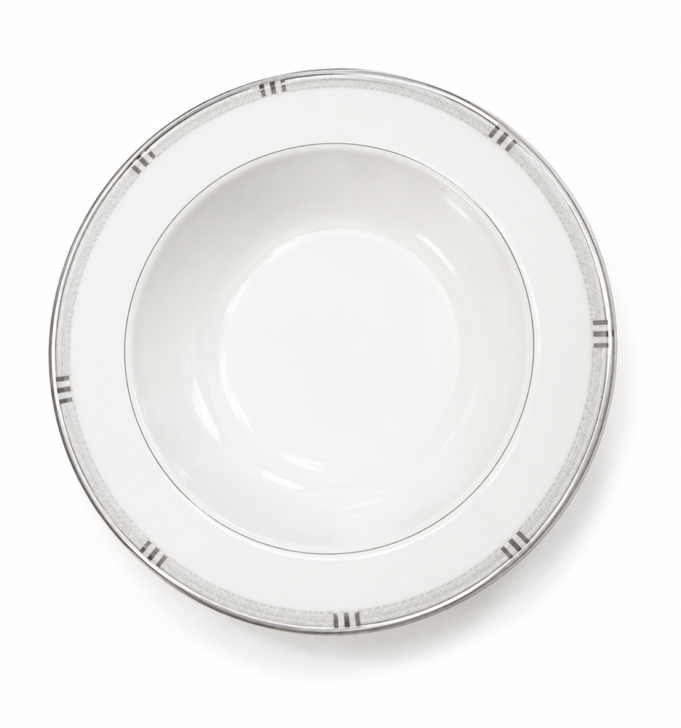 White fine bone china 215mm soup plate with high-shine glaze, grey marble effect rim, and real platinum detail