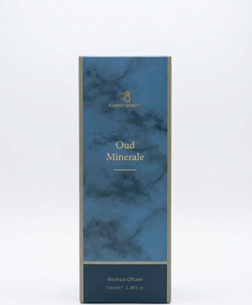 Oud Minerale 100ml Candle Queen boutique reed diffuser in a luxury blue marble gift box in Lagos, Nigeria