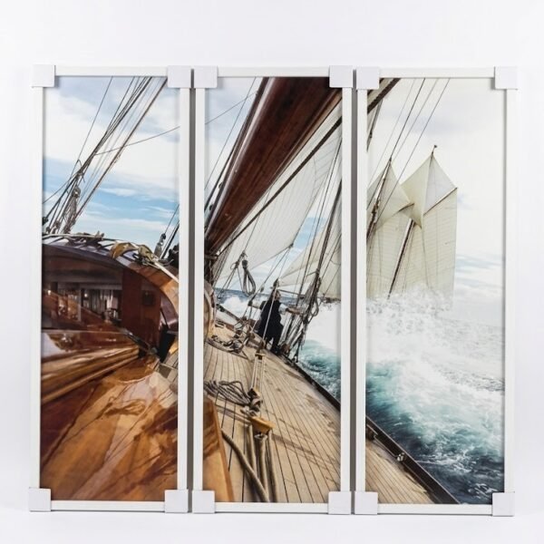3-panel nautical triptych wall art of classic yachts Mariquita and Marriette at sea in Lagos, Nigeria