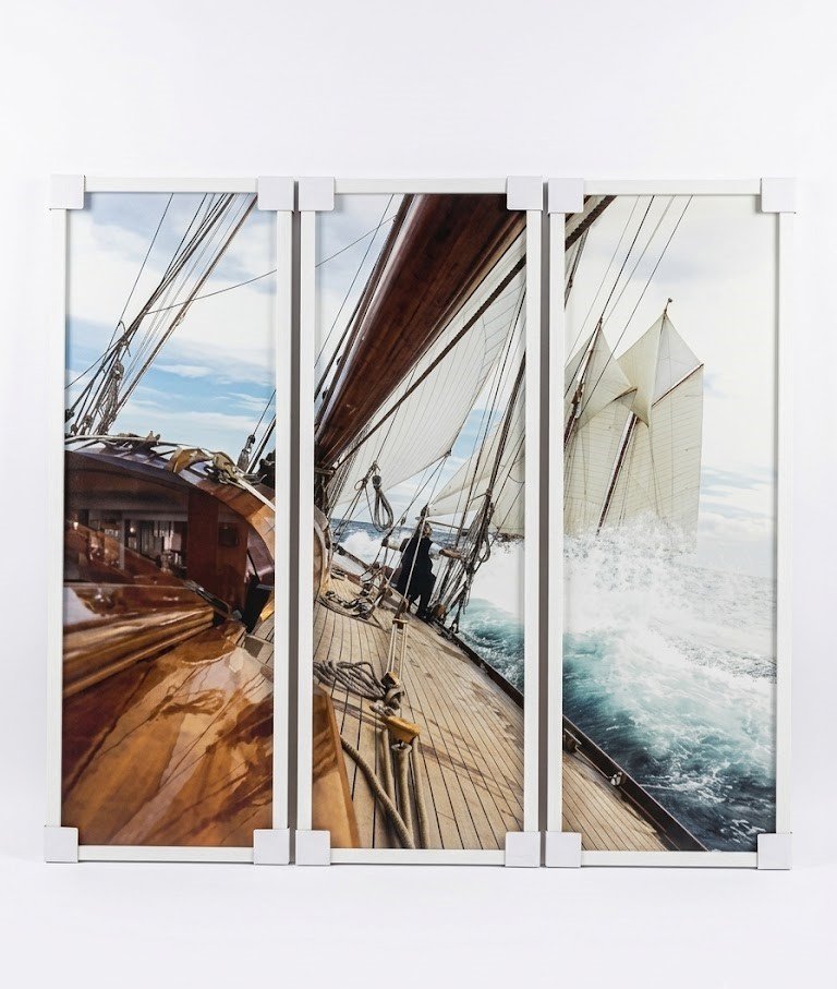 3-panel nautical triptych wall art of classic yachts Mariquita and Marriette at sea in Lagos, Nigeria