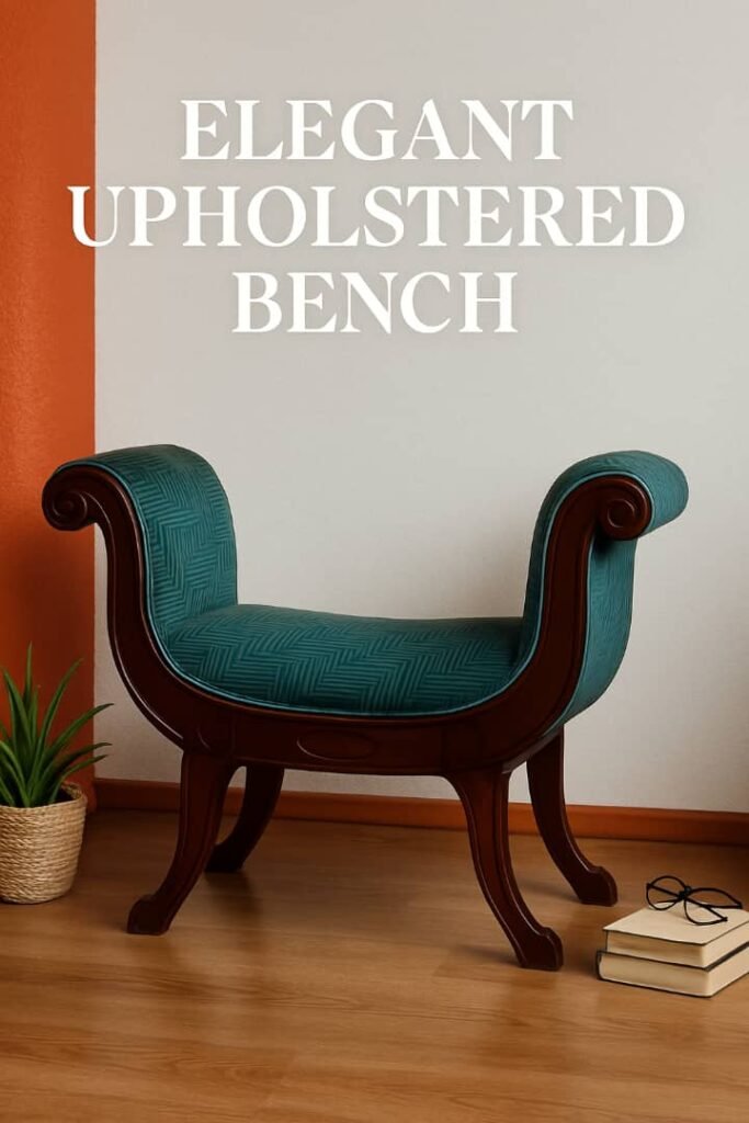 Blue patterned upholstered Cleopatra camel seat with mahogany wood scroll arms and legs in Lagos, Nigeria