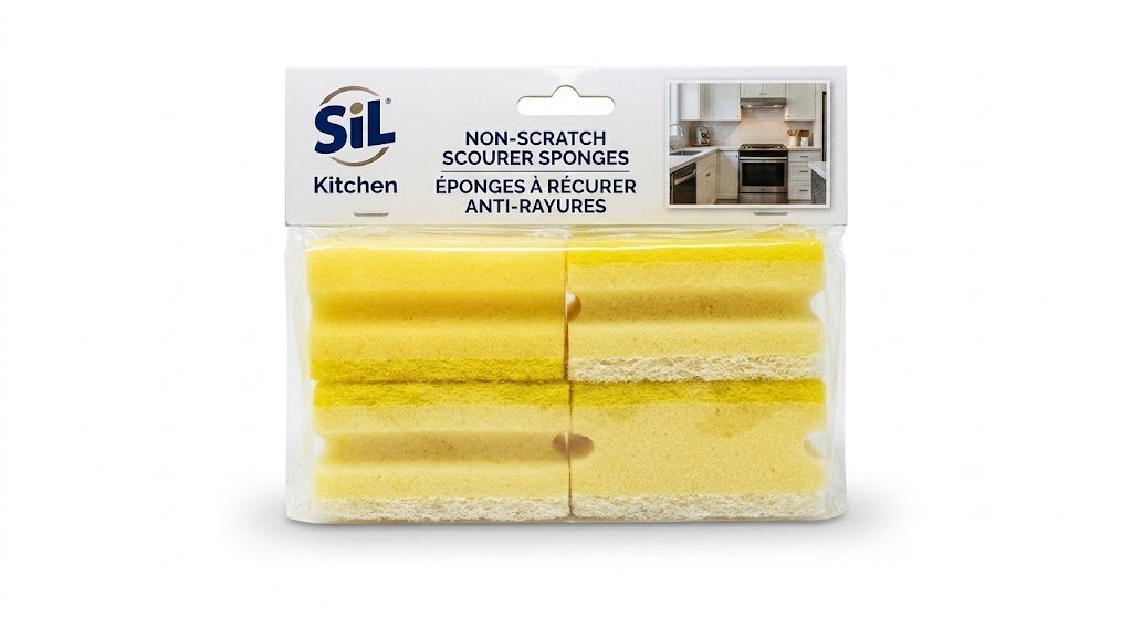 Six pack of non-scratch scourer sponges for gentle and effective dish cleaning in Lagos, Nigeria