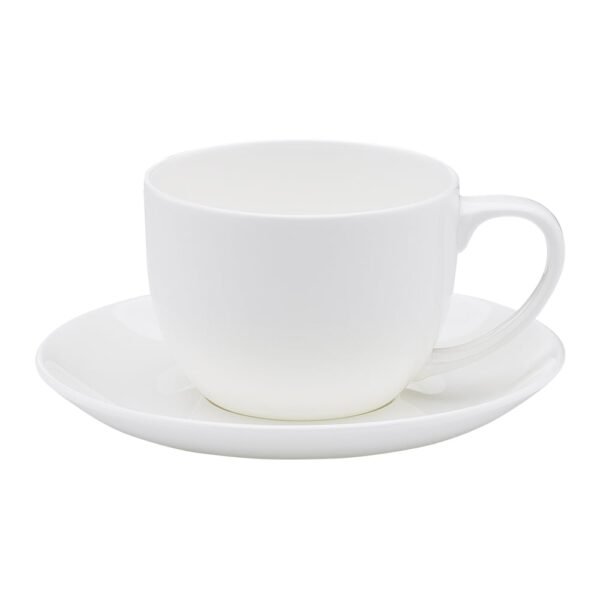 Elegant 275ml white bone china teacup and saucer from the Ecology Canvas collection in Lagos, Nigeria.