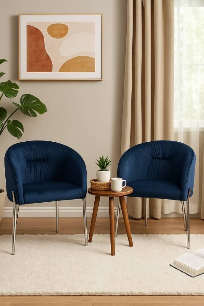 Dark blue rouch velvet accent chair with a curved back and sleek chrome legs for home décor in Lagos, Nigeria