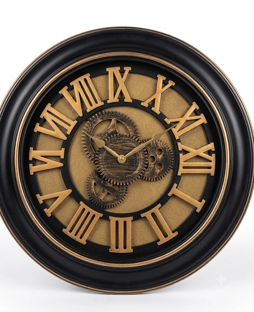 Large black and gold industrial steampunk wall clock with visible moving gears and Roman numerals in Lagos, Nigeria