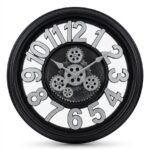 Black and silver Enarose wall clock with visible moving gears and Arabic numerals for home decor in Lagos, Nigeria.