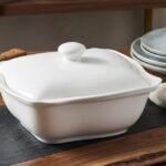 White square porcelain soup bowl with matching lid and wavy rim for elegant dining service in Lagos, Nigeria