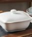White square porcelain soup bowl with matching lid and wavy rim for elegant dining service in Lagos, Nigeria