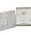 White textured glass Desire Fresh Linen reed diffuser and candle set with tassels in a silver geometric gift box, Lagos