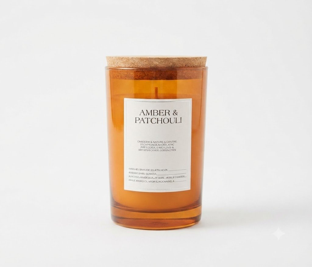 Large 15cm amber and patchouli scented glass jar candle with a cork lid for home decor in Lagos, Nigeria
