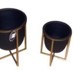 Hestia Set Of 2 Black & Gold Metal Planters
