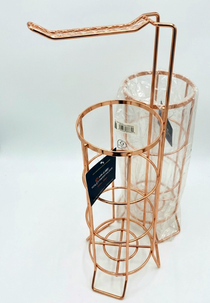 Rose gold wire free-standing toilet roll holder and storer for modern bathroom organization in Lagos, Nigeria