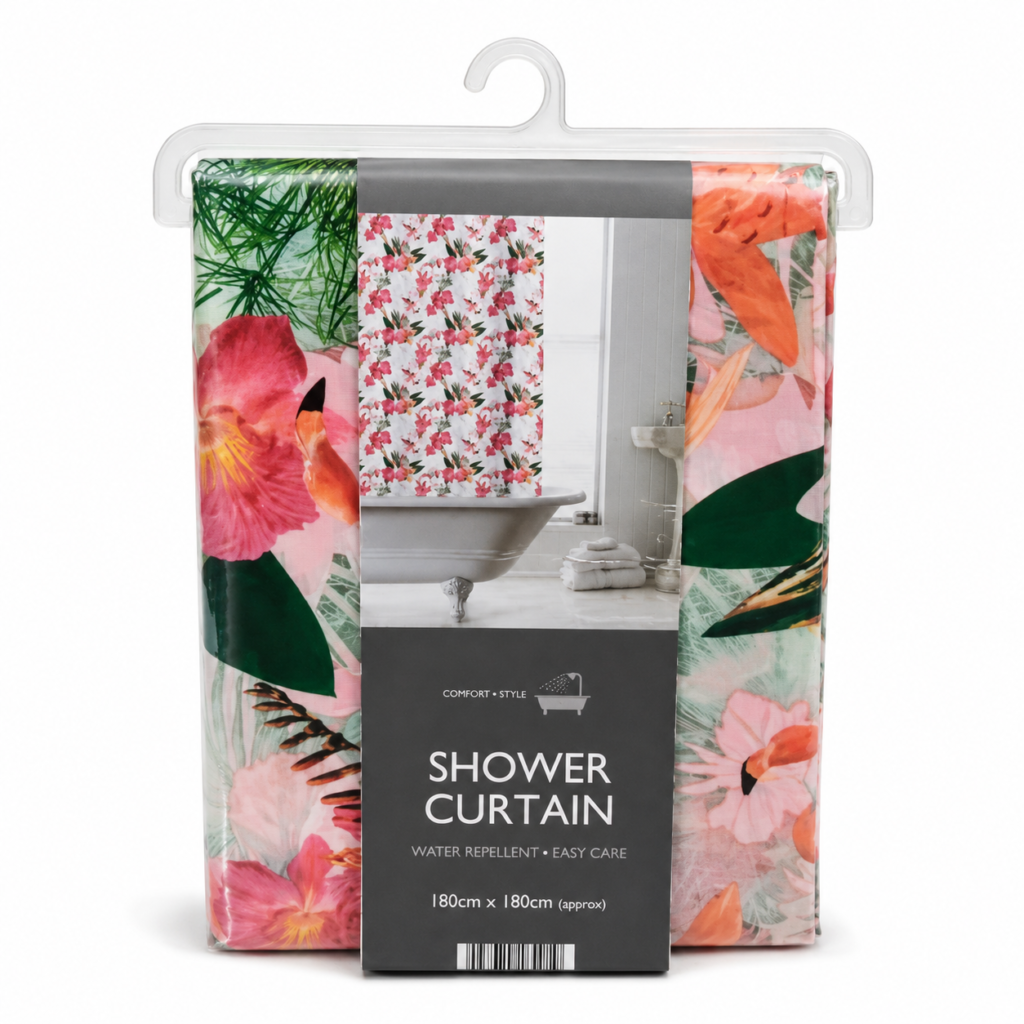 Waterproof PEVA shower curtain featuring pink flamingo print for bathroom styling in Lagos, Nigeria