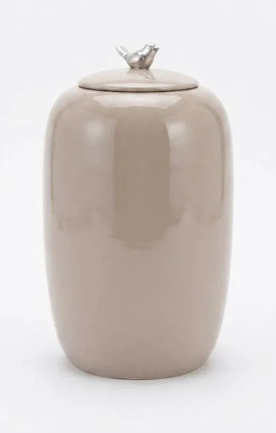 Shiny taupe 45.5cm ceramic jar with a decorative silver bird lid for luxury home styling in Lagos, Nigeria