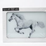 White running horse glass wall art with a sleek frame for modern home decor in Lagos, Nigeria.