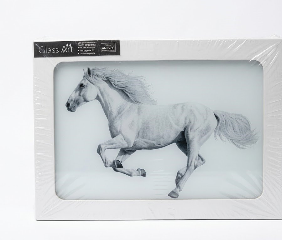 White running horse glass wall art with a sleek frame for modern home decor in Lagos, Nigeria.