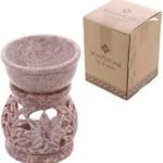 Pale Soapstone Oil Burner With Leaf Carving