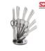 Silver stainless steel knife set with a revolving acrylic stand for kitchen food prep in Lagos, Nigeria