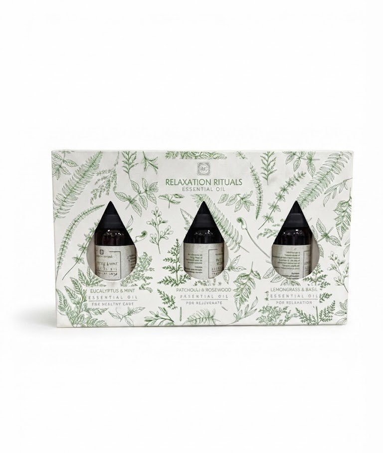 Relaxation Rituals 3-piece essential oil gift set featuring Eucalyptus & Mint, Patchouli & Rosewood, and Lemongrass & Basil in Lagos, Nigeria