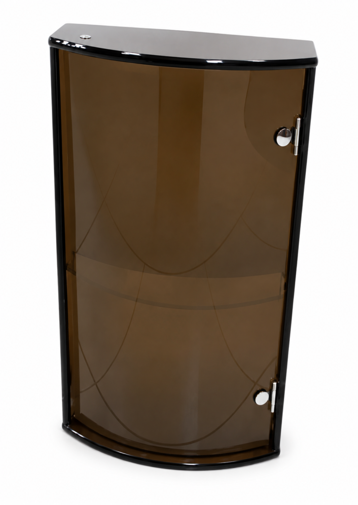 Oxford amber 2‑tier glass cabinet with wood and glass shelves for living room décor in Lagos, Nigeria