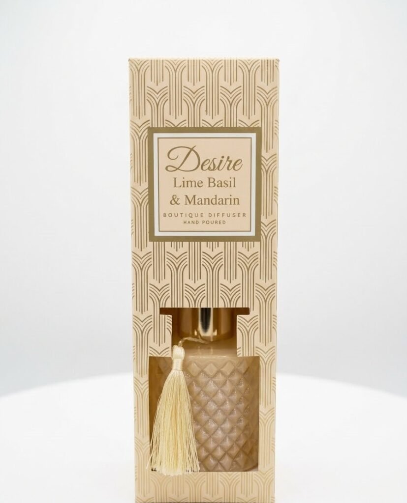 Gold patterned box with textured glass Desire Lime Basil & Mandarin reed diffuser and cream tassel, Lagos, Nigeria
