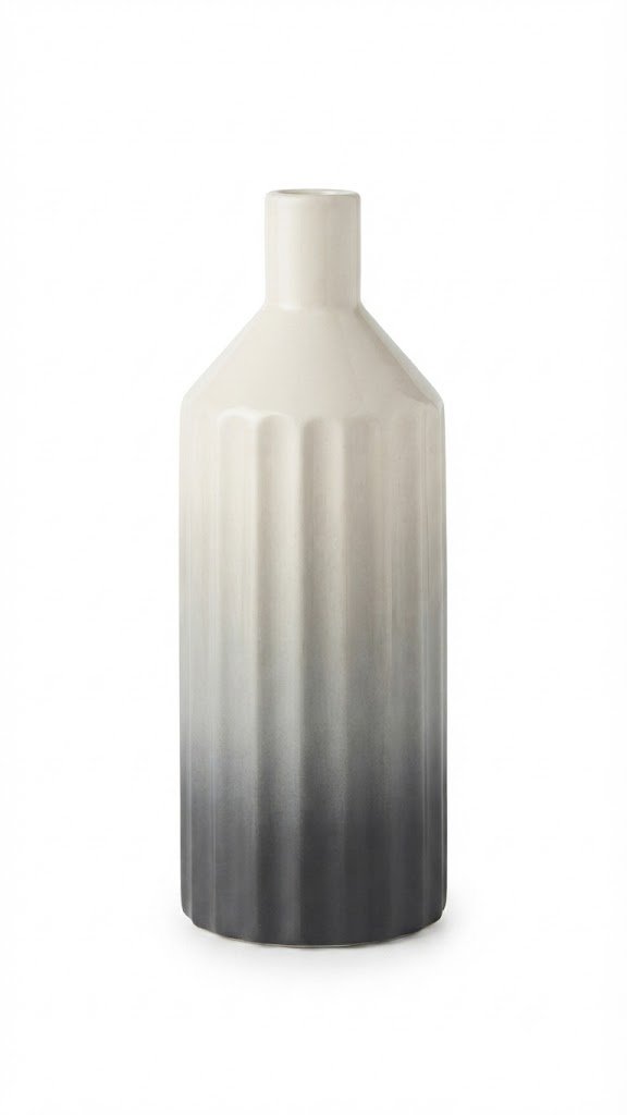 White and grey ombre ribbed ceramic vase White and grey ombre ribbed ceramic vase with a tapered neck for modern home decor in Lagos, Nigeria.