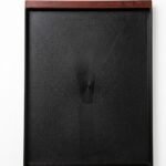 Large black rectangular serving tray with a textured non-slip surface and a contrasting wood-grain border, Lagos