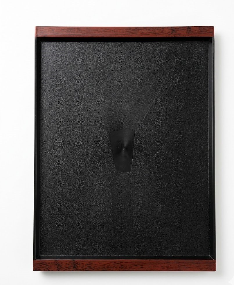 Large black rectangular serving tray with a textured non-slip surface and a contrasting wood-grain border, Lagos