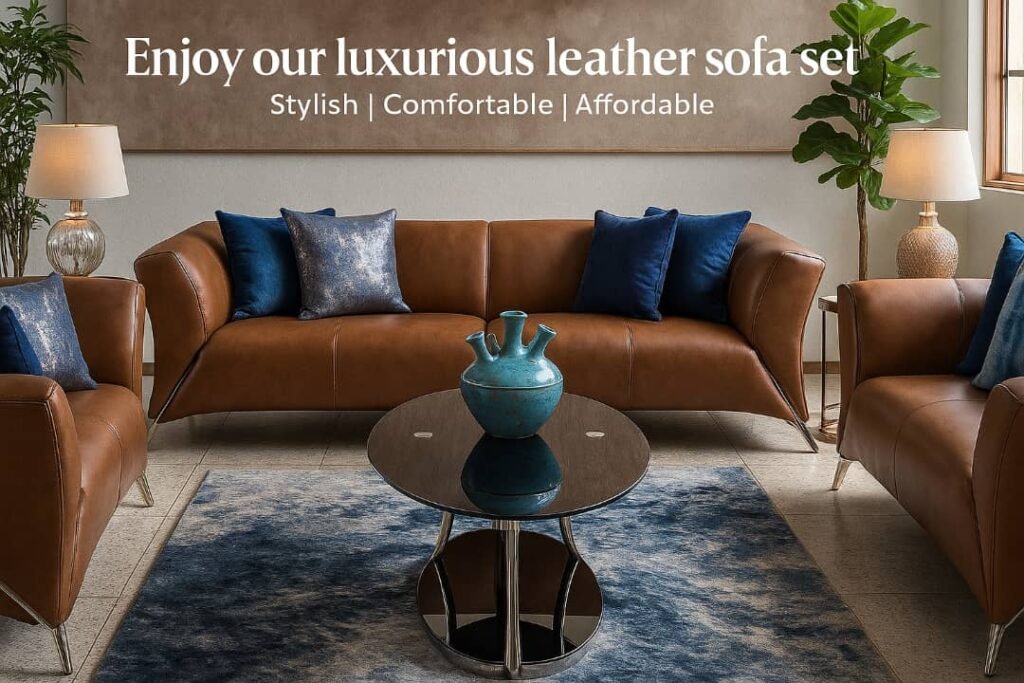 Ox blood leather 7 seater sofa set arranged in living room for home décor in Lagos, Nigeria