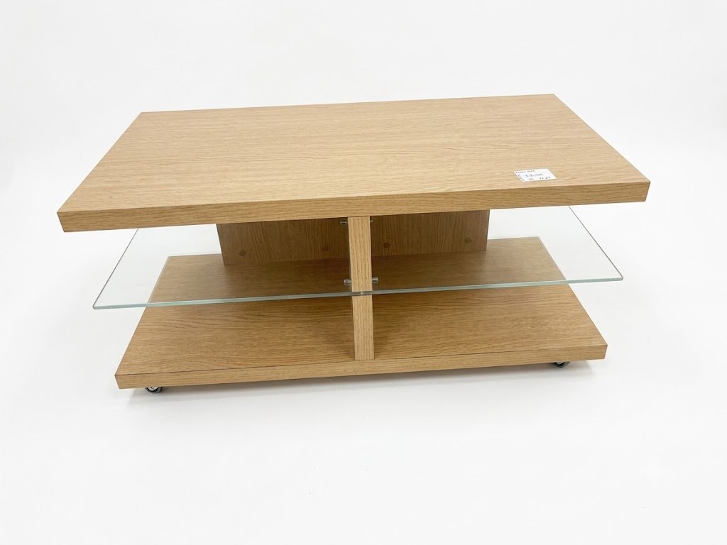 Sleek beech wood effect TV unit with a clear tempered glass shelf and minimalist open-back design, Lagos, Nigeria