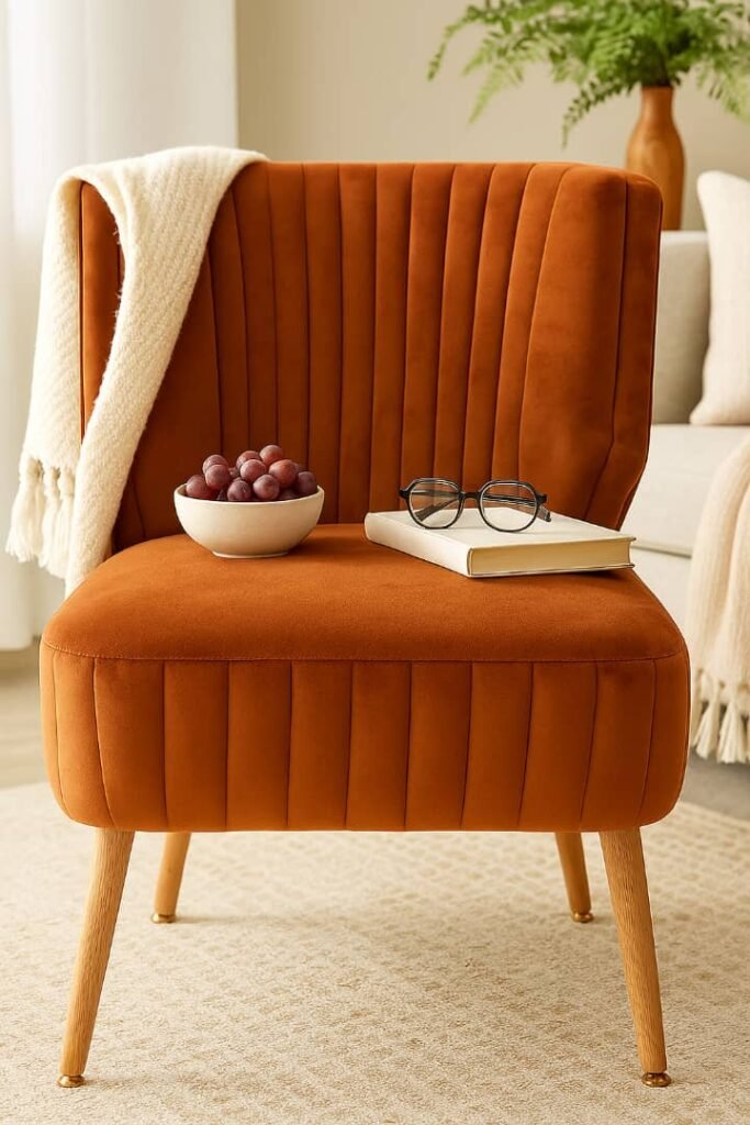 Burnt orange accent chair with cushioned seat for living room décor in Lagos, Nigeria