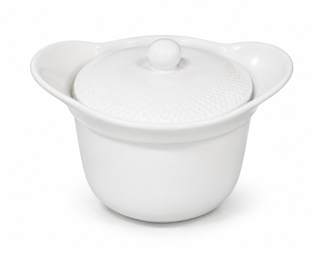 White round porcelain lidded casserole serving dish with wide handles for oven-to-table dining, Lagos, Nigeria