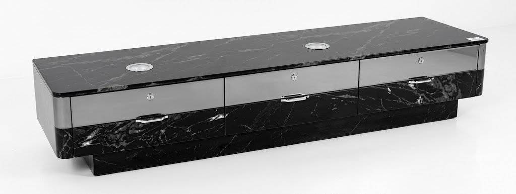 Luxury TV stand with a white marble top and gold accents for a modern living room setup in Lagos, Nigeria