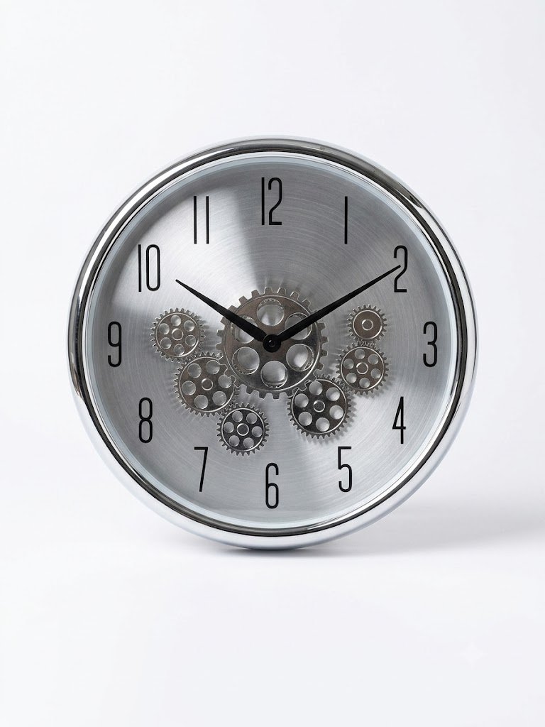 Silver Enarose wall clock with visible moving gears and black Arabic numerals for modern decor in Lagos, Nigeria.