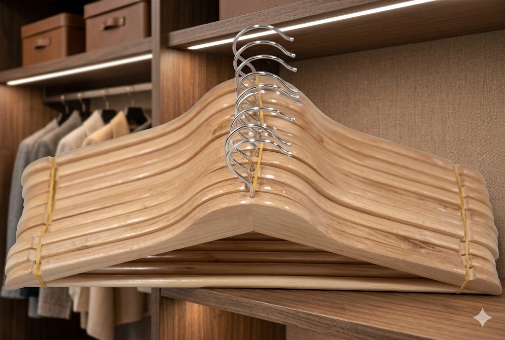 10-pack of smooth natural wooden clothes hangers for closet organization in Lagos, Nigeria