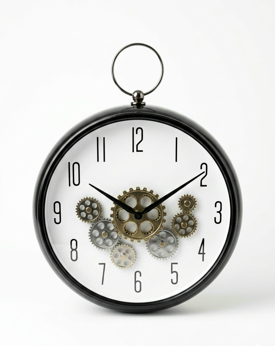 Black hanging wall clock Black hanging wall clock with exposed silver moving gears and Arabic numerals for home decor in Lagos, Nigeria.