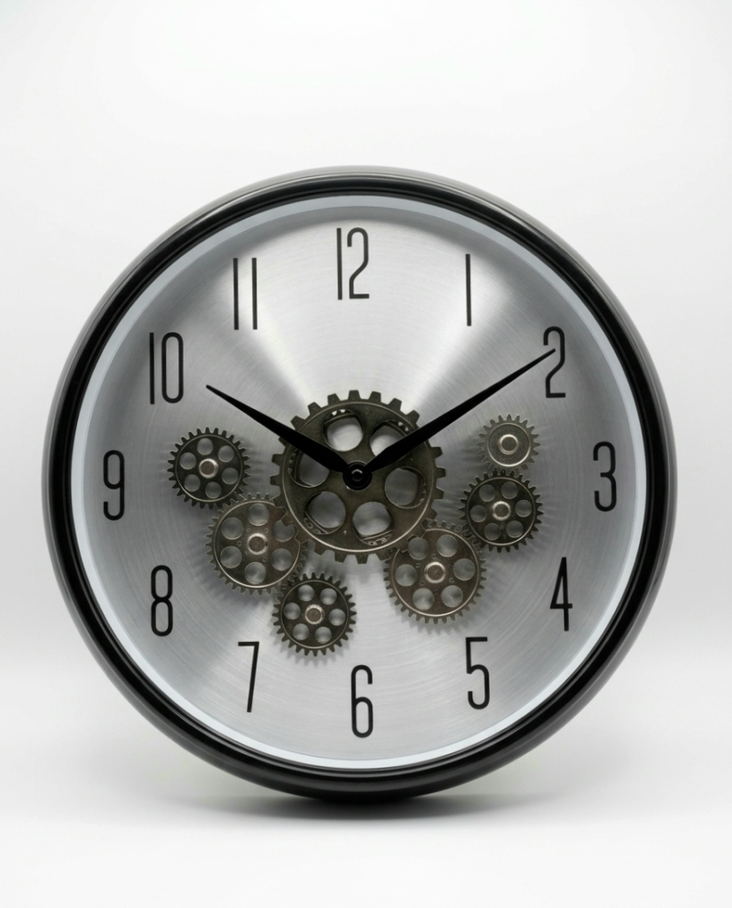 Silver and black Enarose wall clock with exposed rotating gears and Arabic numerals for home decor in Lagos, Nigeria.