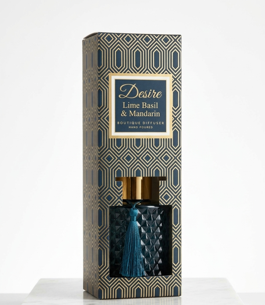 Teal diamond-textured glass Desire Lime Basil & Mandarin reed diffuser with a matching tassel and gold cap, Lagos, Nigeria