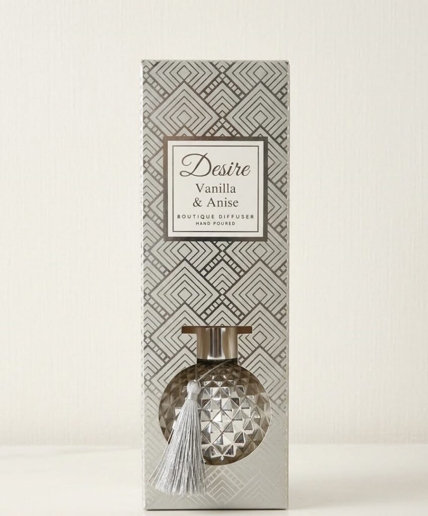 Silver round diamond-textured Desire Vanilla & Anise reed diffuser with a tassel in a silver gift box, Lagos, Nigeria