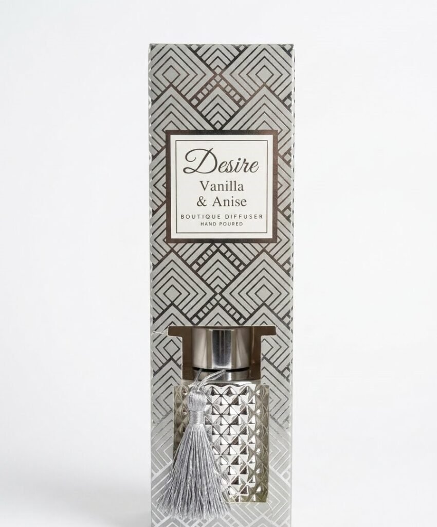 Silver lattice pattern gift box with a textured glass Desire Vanilla & Anise reed diffuser, Lagos, Nigeria