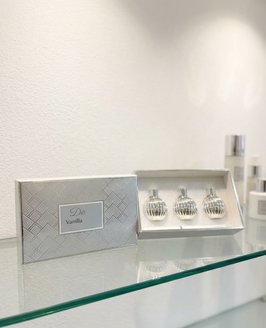 Desire Vanilla & Anise 3-Piece Reed Diffuser Gift Set Silver gift box with three fluted silver glass 50ml reed diffusers and a Vanilla and Anise scent label in Lagos, Nigeria