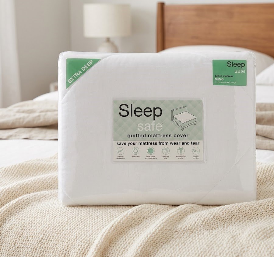 White quilted king bed mattress cover with fitted skirt for bedroom comfort in Lagos, Nigeria