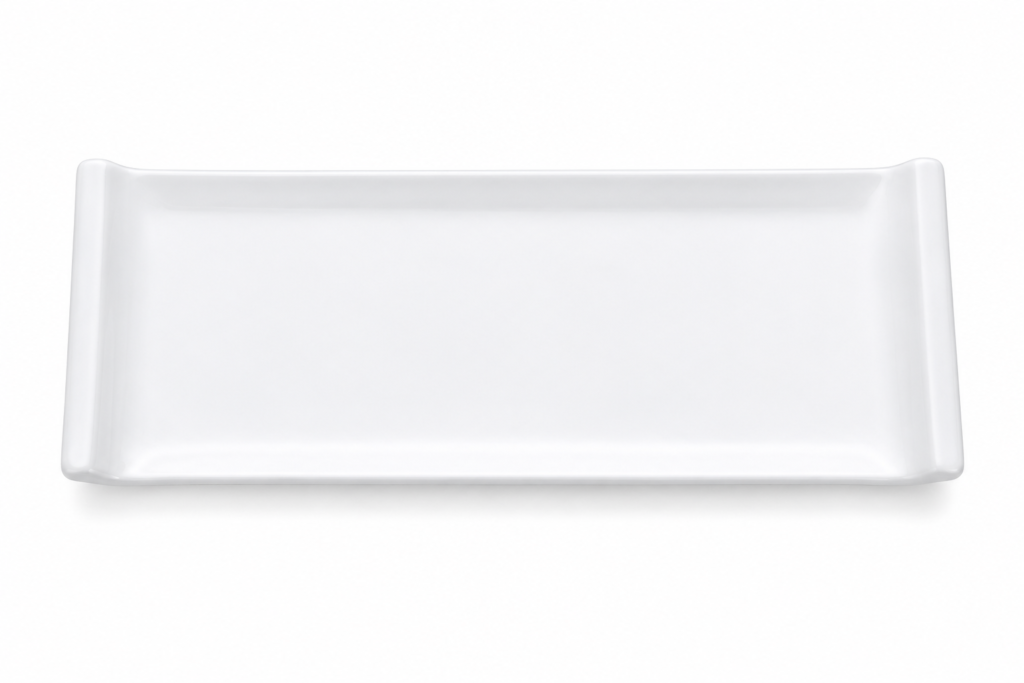 White rectangular Alar Frankfurt porcelain serving platter with a glossy finish for hors d'oeuvres in Lagos, Nigeria