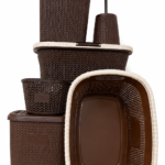 Brown rattan-style 6-piece Violetta bathroom set with laundry baskets and a toilet brush in Lagos, Nigeria.