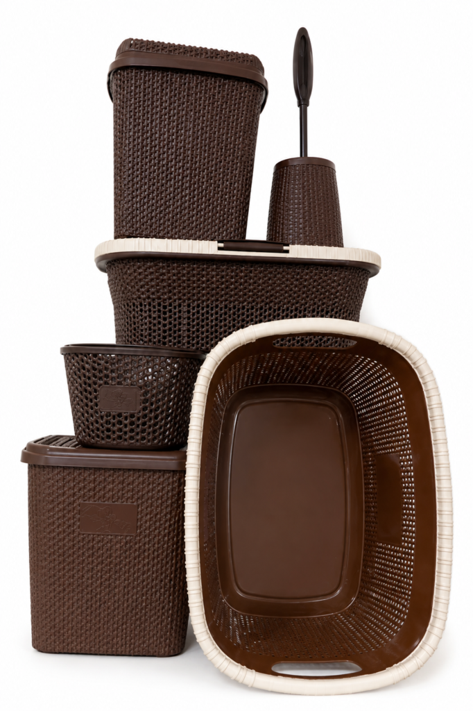 Brown rattan-style 6-piece Violetta bathroom set with laundry baskets and a toilet brush in Lagos, Nigeria.