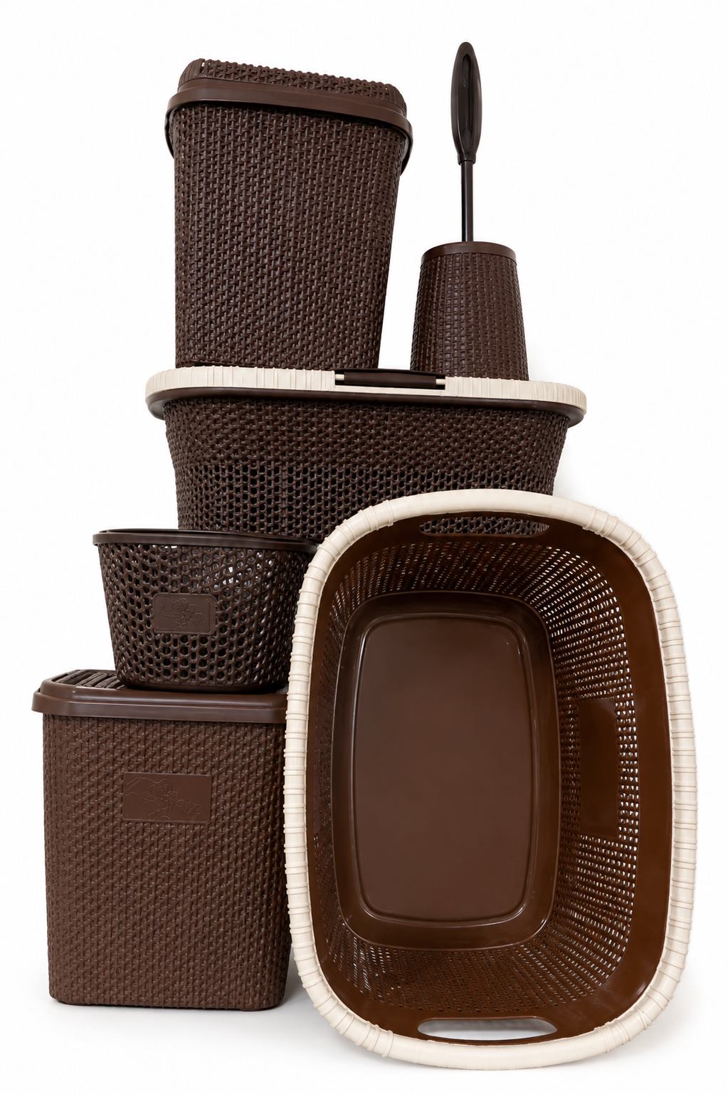 Brown rattan-style 6-piece Violetta bathroom set with laundry baskets and a toilet brush in Lagos, Nigeria.