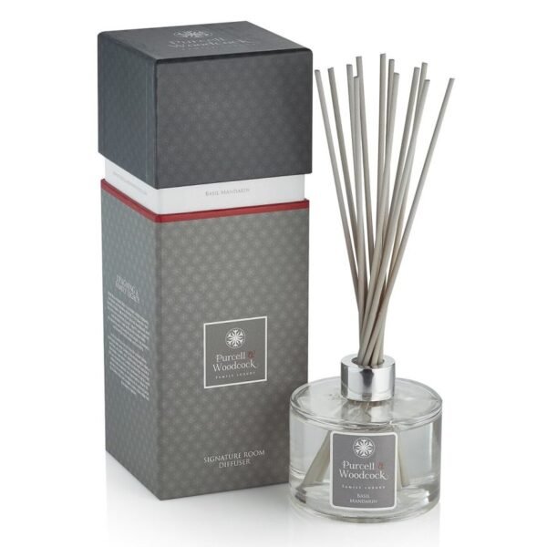 Luxury Basil and Mandarin scented Purcell & Woodcock signature reed diffuser for home fragrance in Lagos, Nigeria.