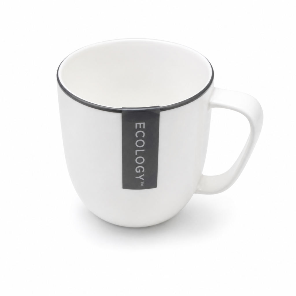 White Ecology Bistro bone china mug with a thin pewter rim and comfortable handle, Lagos, Nigeria